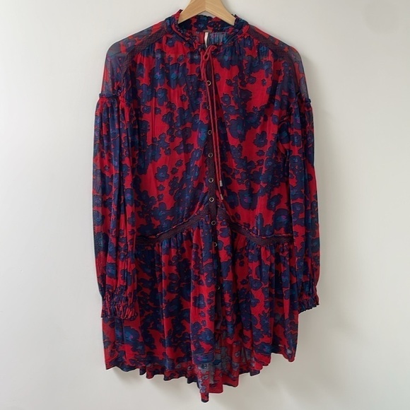 Free People Love Letter Boho Tunic Top Longsleeve Button down Blouse Blue Red XS - Picture 4 of 9
